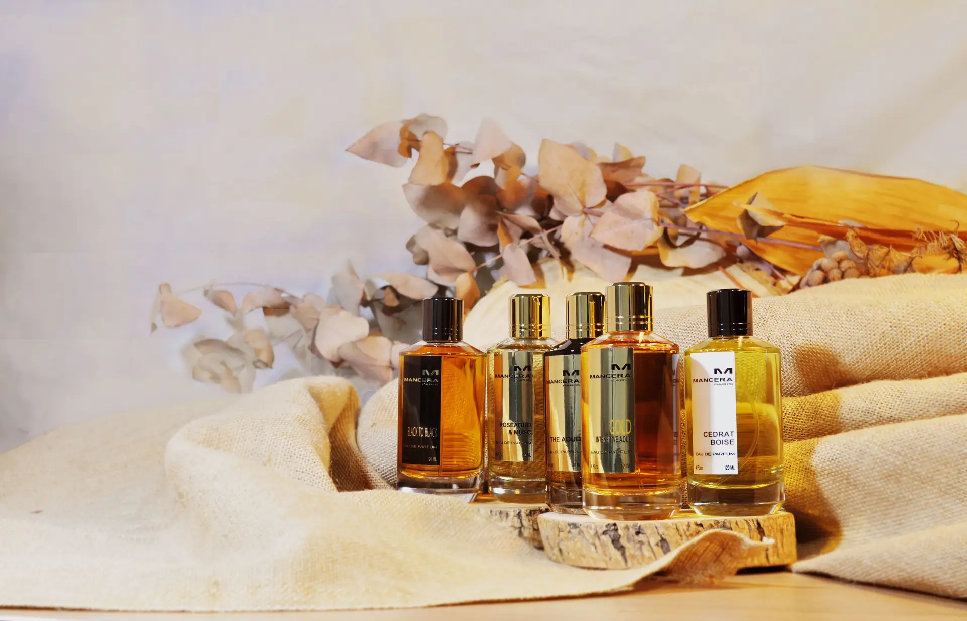 Aesthetic luxury perfume bottles with natural dried botanicals