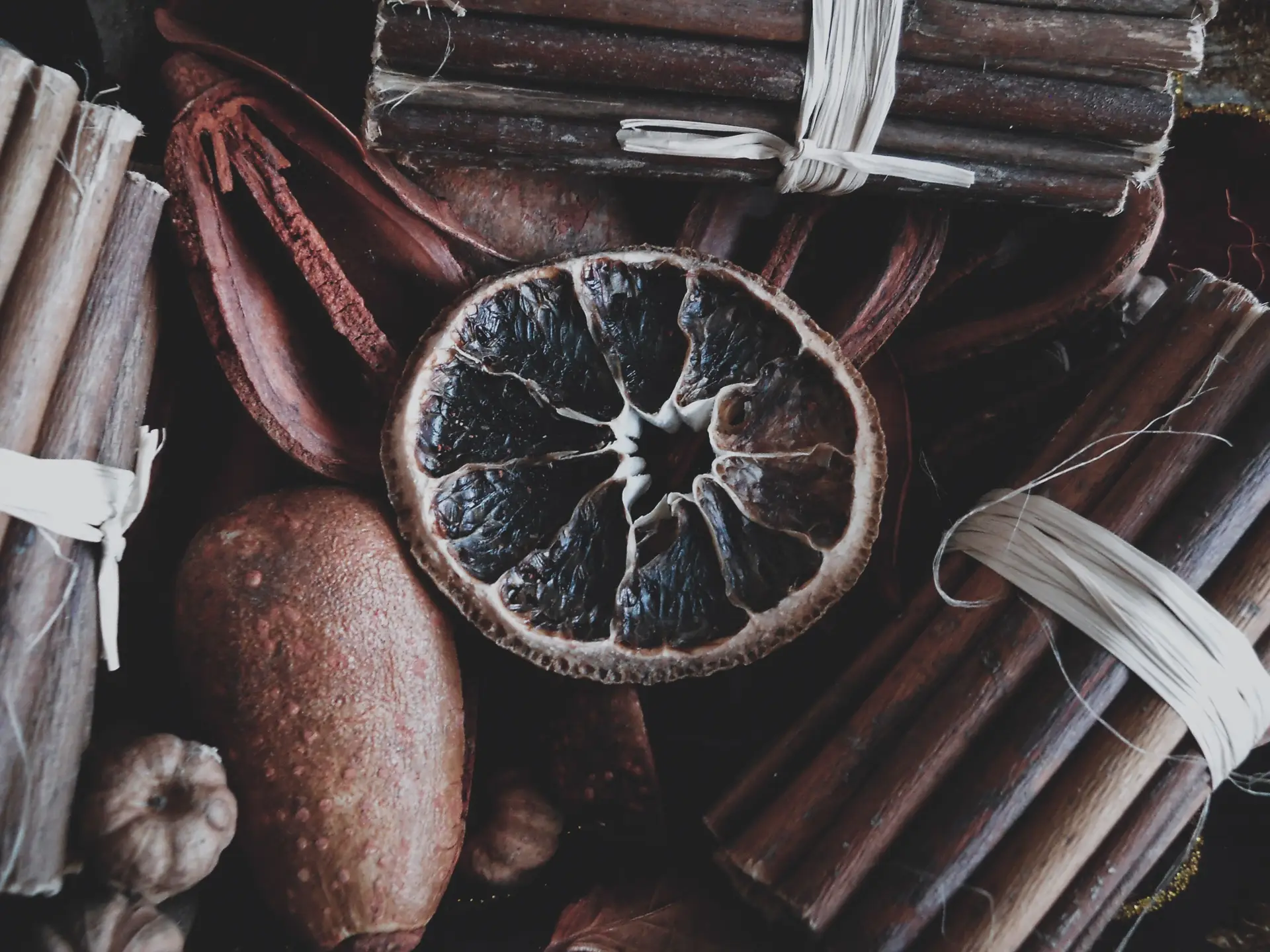 Aromatic cinnamon sticks and dried orange slices
